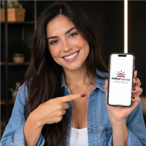 A Bela sorrindo e apontando para a logo do site no celular